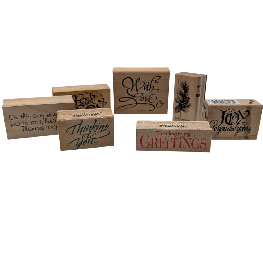 Vintage Wood Mounted Rubber Stamp Set Holidays Sayings Craft Seven Piece Set SEE